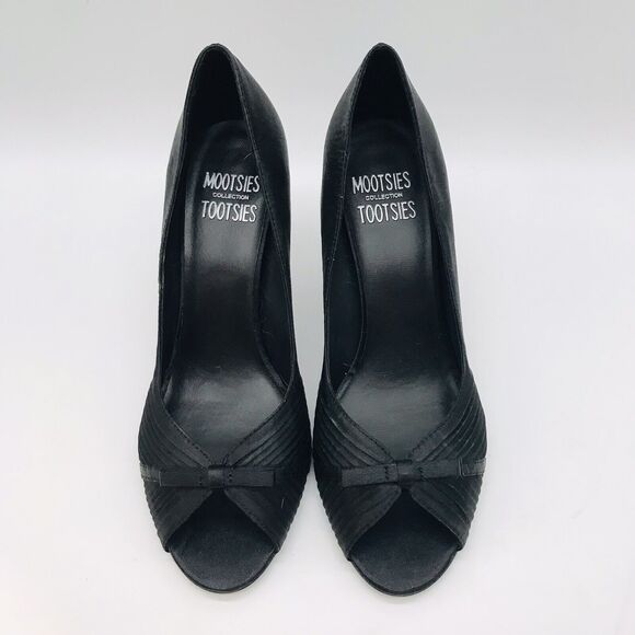 Mootsies Tootsies MoPartyGirl Heels Women 8.5 Black Satin Slip On Peep Toe Pumps - Picture 5 of 10